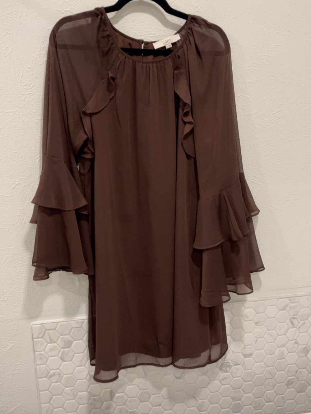 LOFT Chocolate Brown Chiffon Ruffle Bell Sleeve Shift Dress M